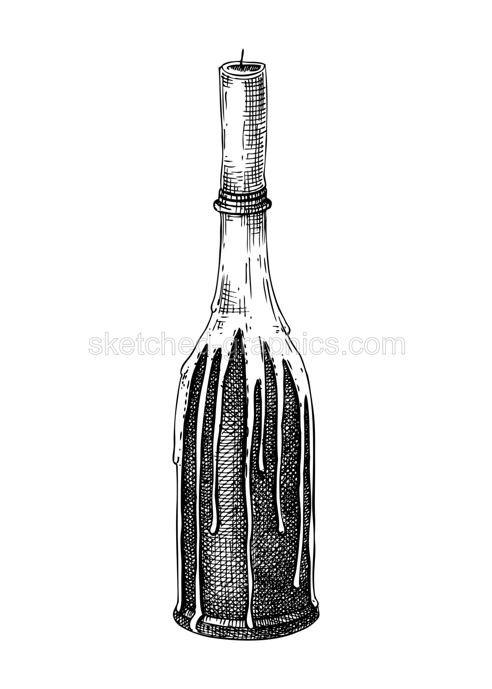 Burning candle in glass bottle candlestick sketch. Hand draw wax candle isolated on white background. Halloween design element. Hand drawn home decoration. Candlelight vector illustration Illustration
